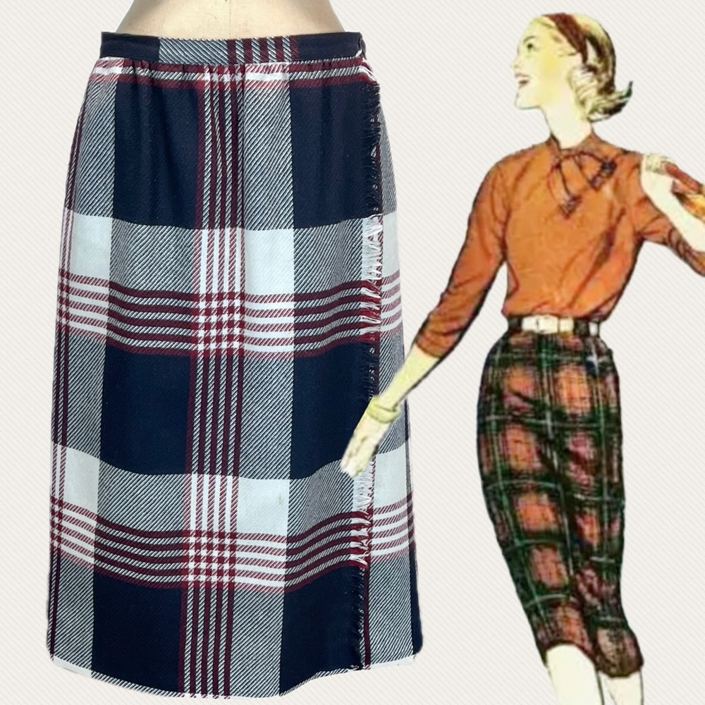 VINTAGE 80s tartan plaid wool skirt midi faux wrap pencil‎ dark academia preppy